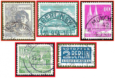 Deutsche Post (107c) - fünf gestempelte Briefmarken verschiedene Werte
