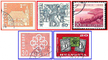Schweiz (209a) - fünf gestempelte Briefmarken verschiedene Werte - Helvetia