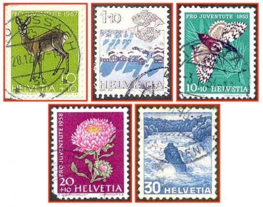 Schweiz (212) - fünf gestempelte Briefmarken verschiedene Werte - Helvetia