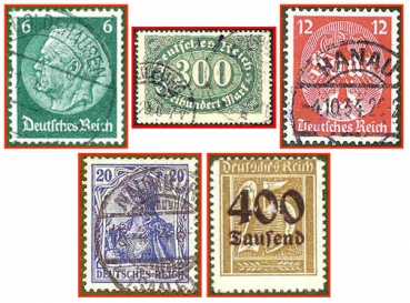 Deutsches Reich (423) - fünf gestempelte Briefmarken verschiedene Werte