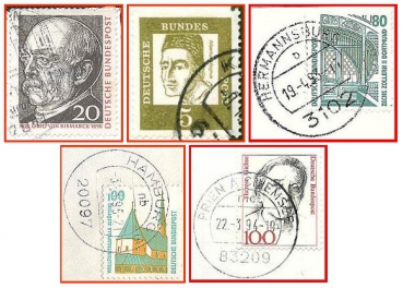 Deutsche Bundespost (433) - fünf gestempelte Briefmarken verschiedene Werte