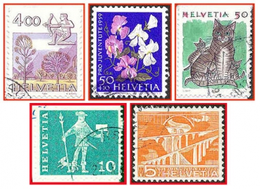 Schweiz (211) - fünf gestempelte Briefmarken verschiedene Werte - Helvetia