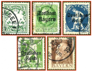 Bayern (430) - fünf gestempelte Briefmarken verschiedene Werte